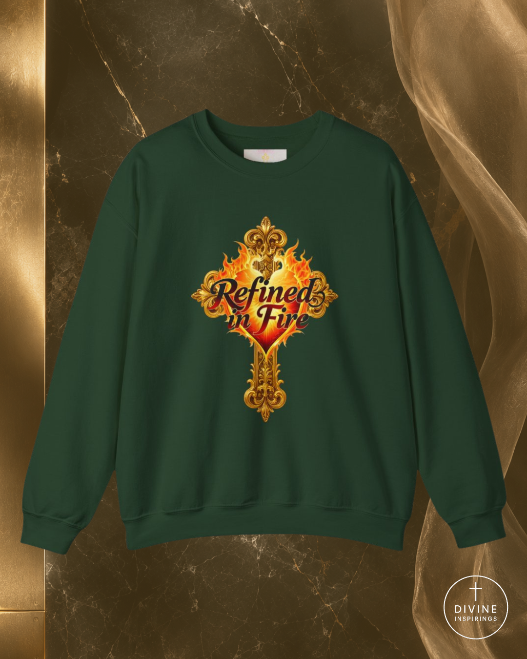 Green sweatshirt with decorative text and emblem on a marble surface
