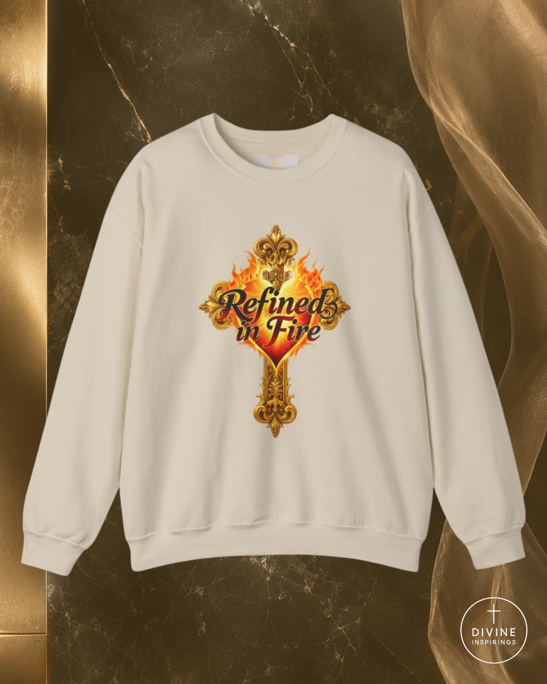 White sweatshirt with 'Refined in Fire' design on a marble background