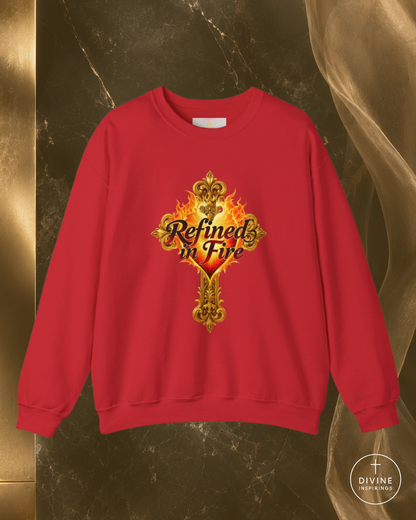 Red sweatshirt with 'Refined in Fire' design on a marble background