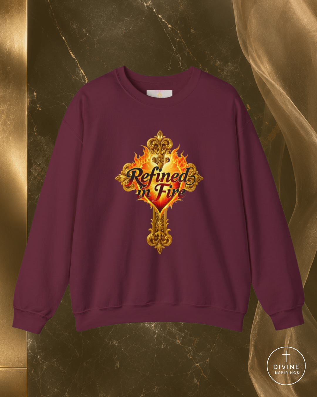 Purple sweatshirt with decorative design and text on a gold and brown background
