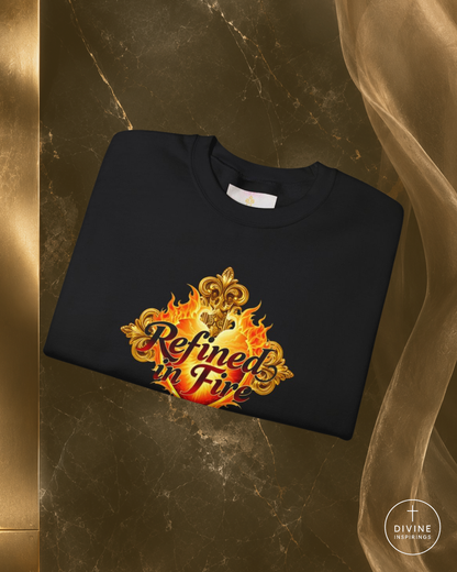 Black sweatshirt with 'Refined in Fire' design on a marble surface