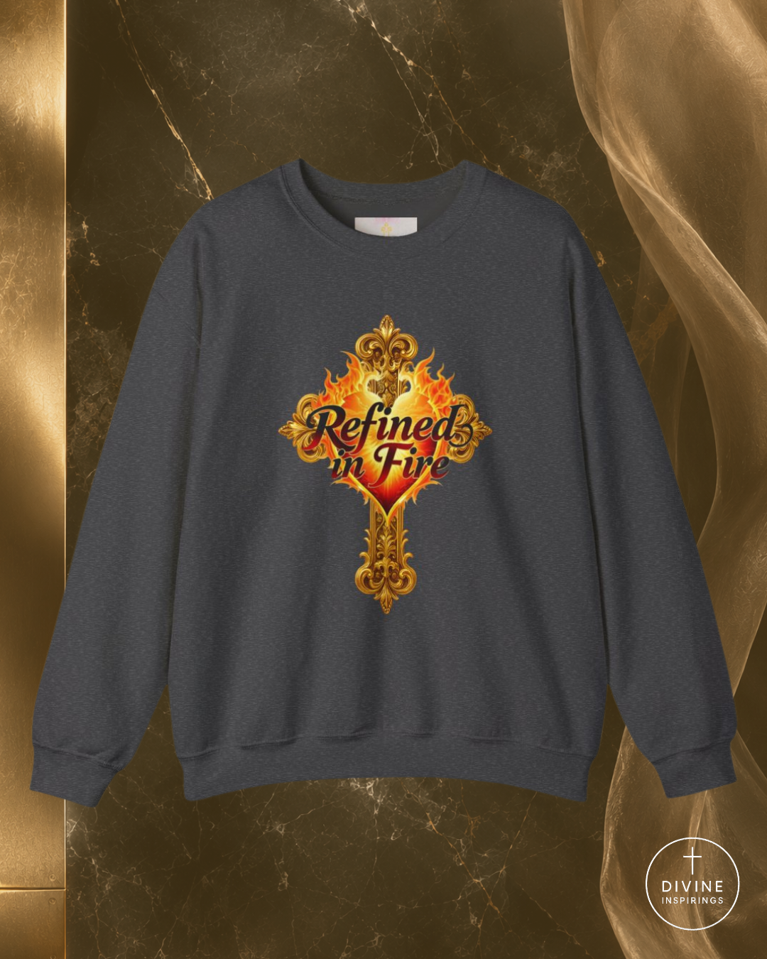 Gray sweatshirt with decorative design and text on a gold and brown background