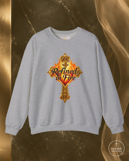Gray sweatshirt with 'Refined in Fire' design on a gold and brown background