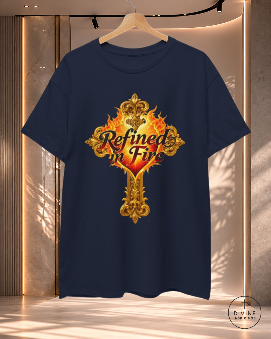 Maroon t-shirt with 'Refined in Fire' design on a hanger against a neutral background