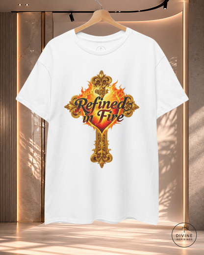 White t-shirt with 'Refined in Fire' design on a hanger against a neutral background