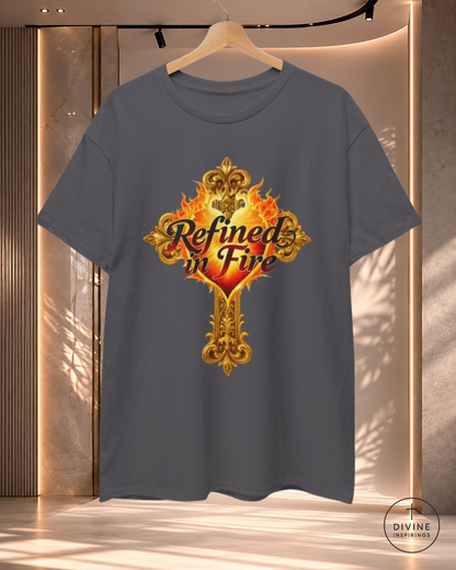 Gray t-shirt with 'Refined in Fire' design on a hanger against a neutral background