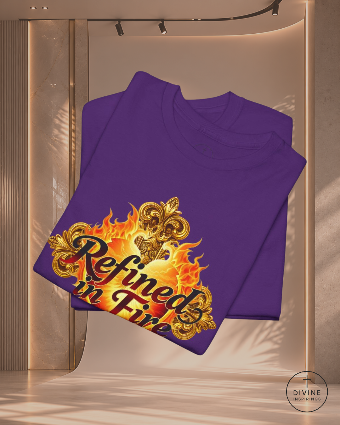 Purple t-shirt with 'Refined in Fire' design on a white background