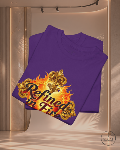 Purple t-shirt with 'Refined in Fire' design on a white background