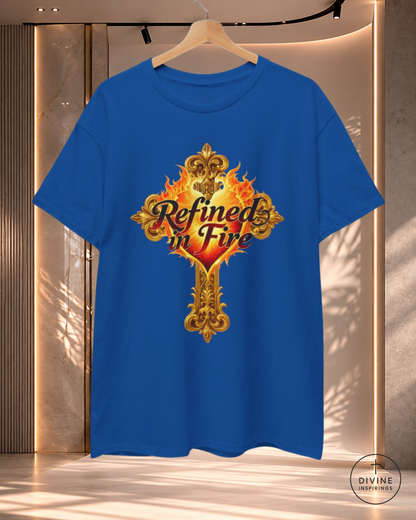 Blue t-shirt with 'Refined in Fire' design on a hanger against a neutral background
