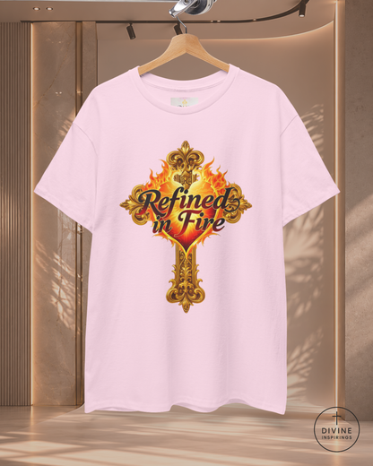 Pink t-shirt with 'Refined in Fire' design on a hanger against a neutral background