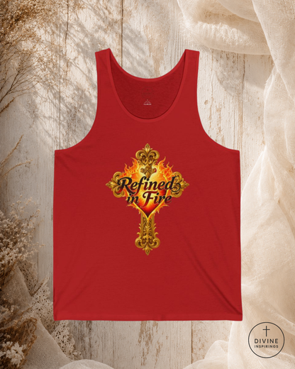 Red tank top with 'Refined in Fire' design on a textured surface