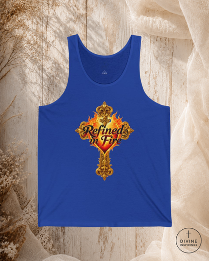 Blue tank top with decorative design and text on a textured surface