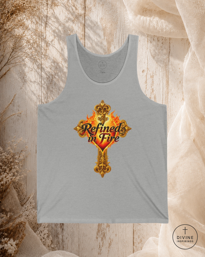 Gray tank top with 'Refined in Fire' design on a textured background