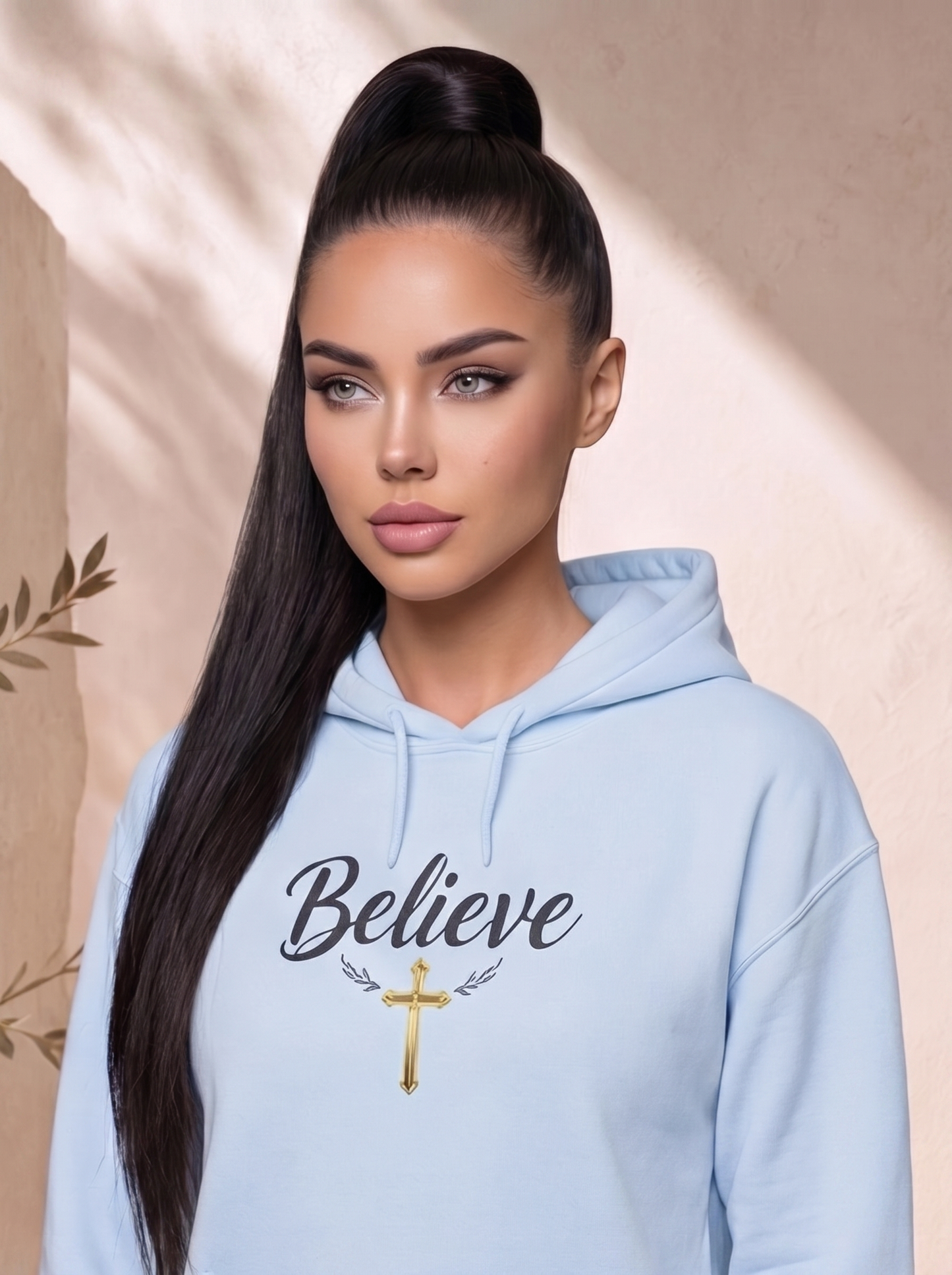 Woman wearing a light blue hoodie with 'Believe' and a cross design on a beige background