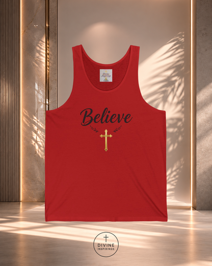 Red tank top with 'Believe' and a cross design on a neutral background
