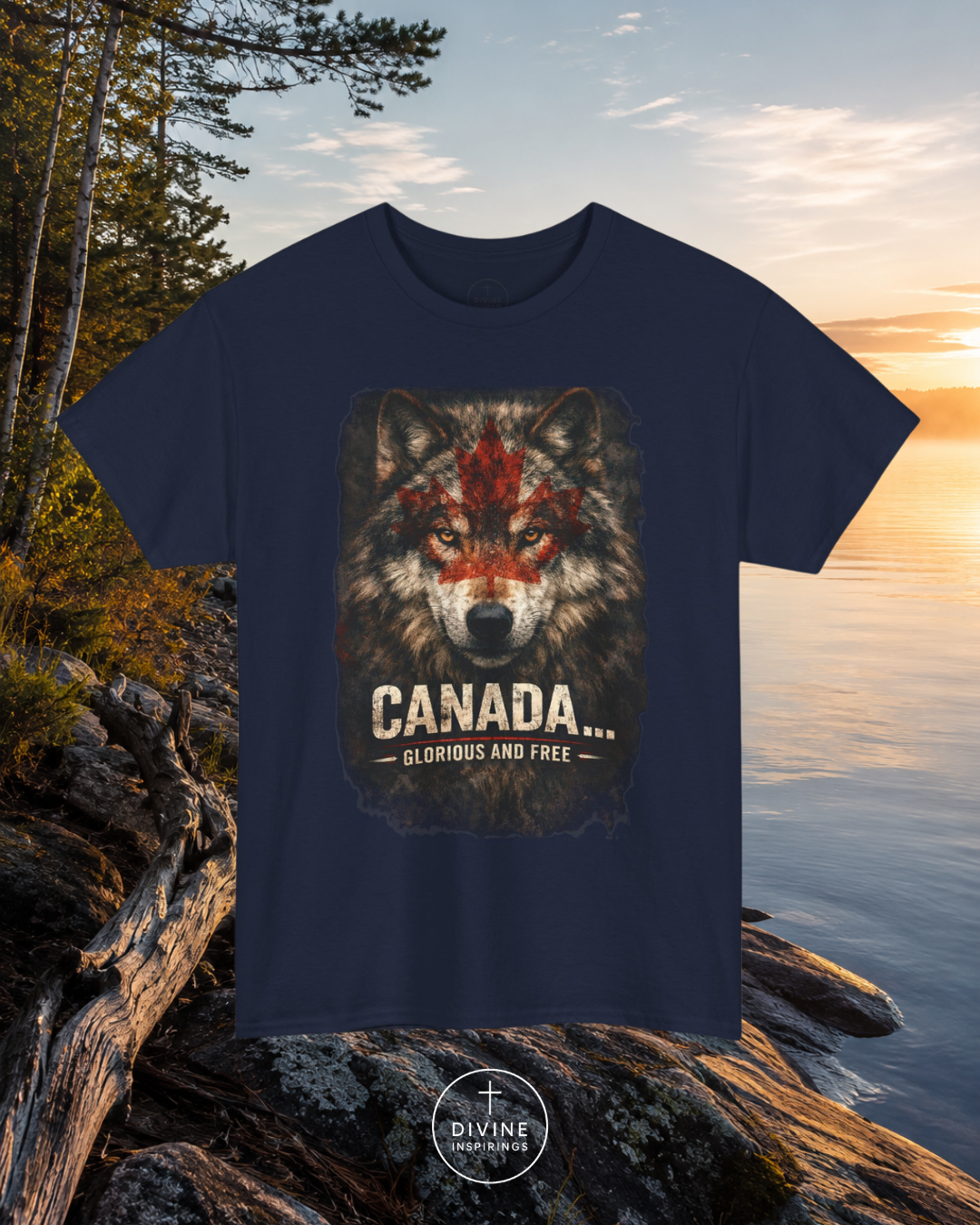 Navy blue t-shirt with a wolf graphic and 'Canada Glorious and Free' text, placed on rocks by a lake.