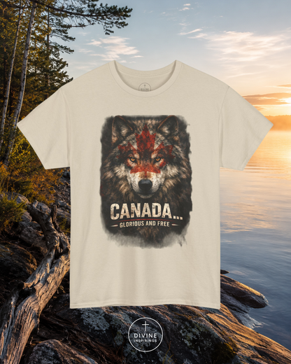 White t-shirt with a wolf graphic and 'Canada' text on a scenic background