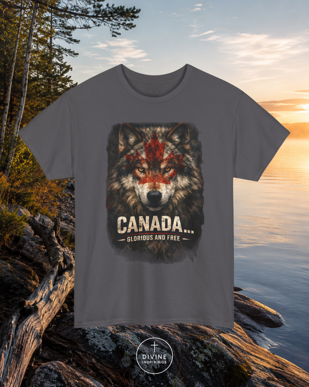 Gray t-shirt with a wolf graphic and 'Canada' text on a scenic background