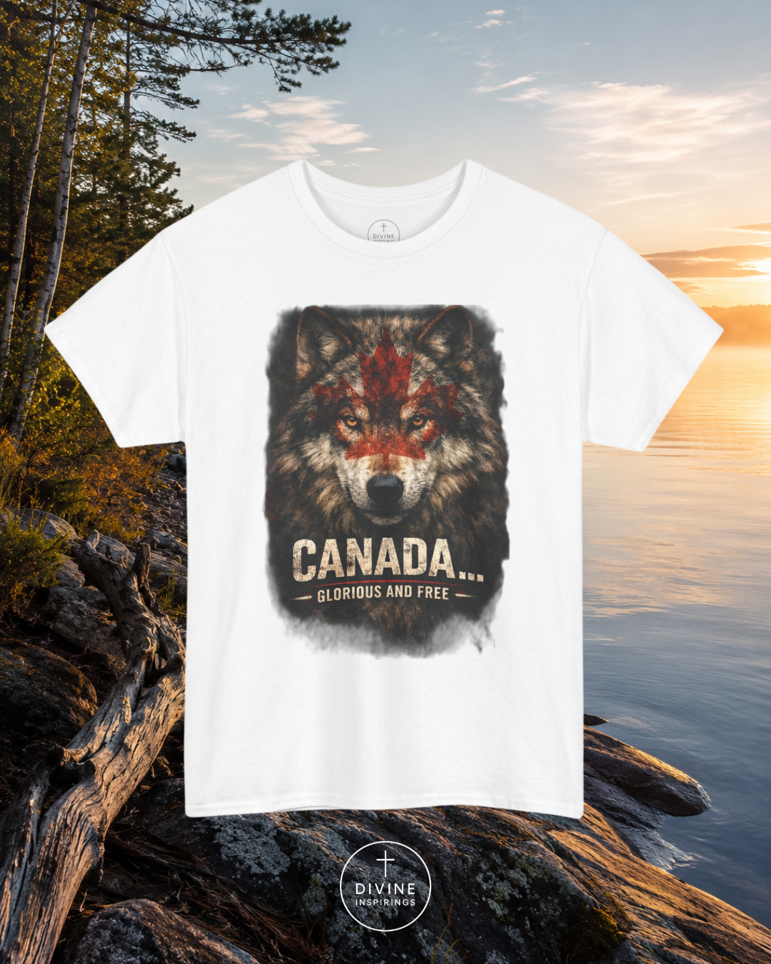 White t-shirt with a wolf graphic and 'Canada' text on a scenic background