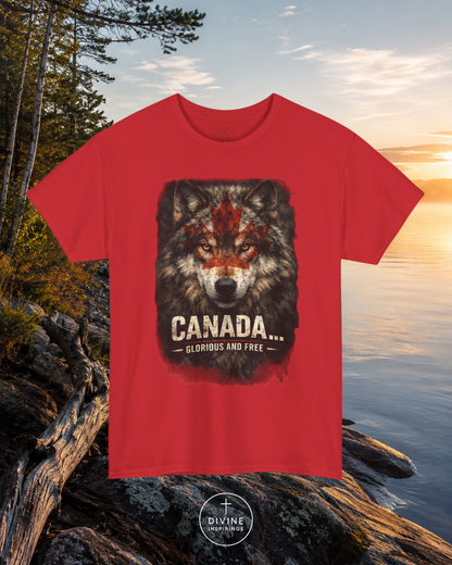Red t-shirt with a wolf graphic and 'Canada Glorious and Free' text on a scenic background