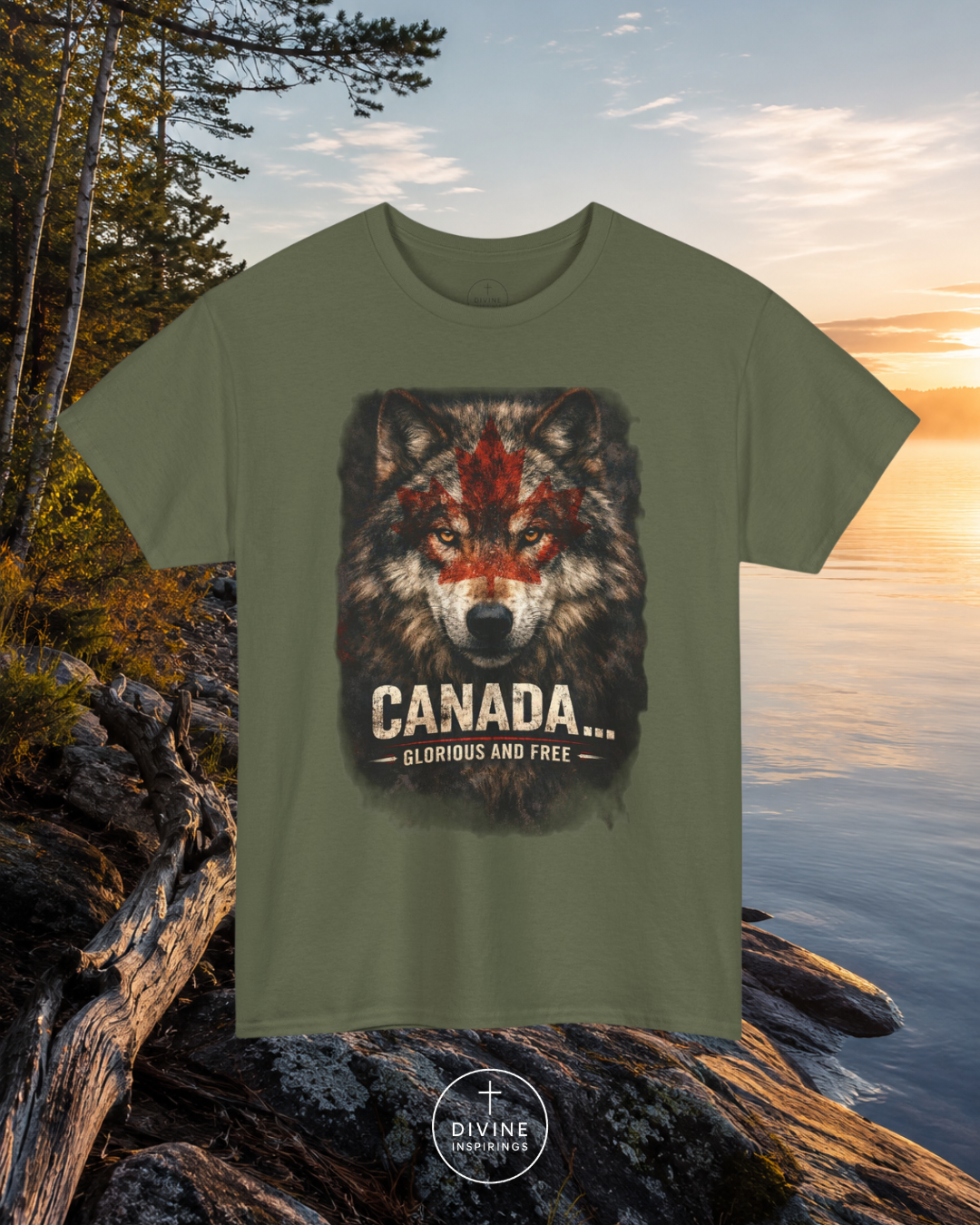 Green t-shirt with wolf graphic and 'Canada' text on a scenic background