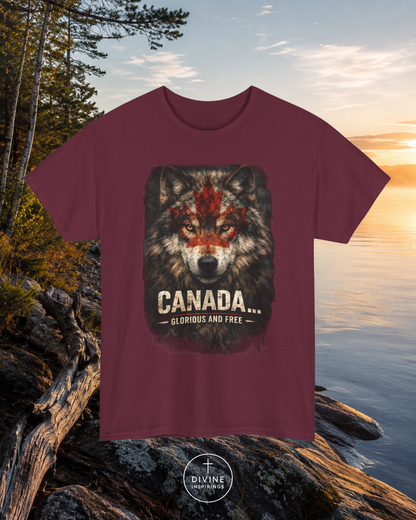 Maroon t-shirt with wolf graphic and 'Canada Glorious and Free' text on a scenic background