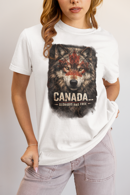 Person wearing a white t-shirt with a wolf graphic and 'Canada' text on a plain background