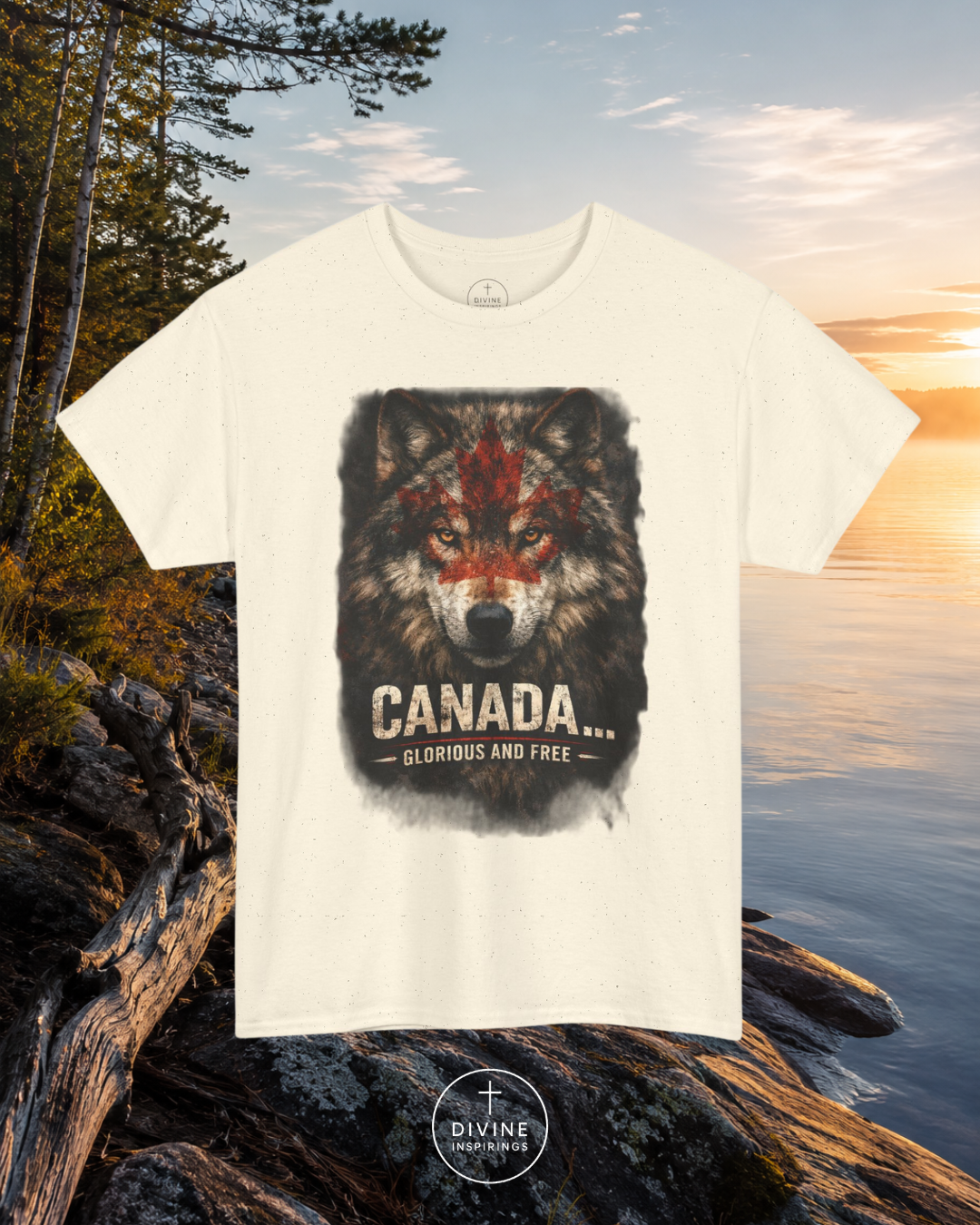 White t-shirt with a wolf graphic and 'Canada' text on a scenic background