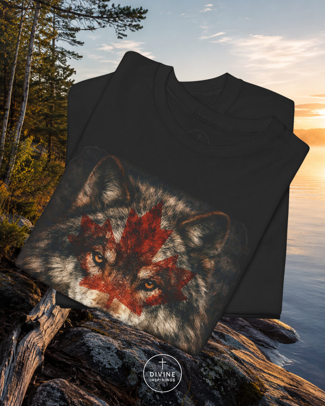 Black t-shirt with a wolf design featuring red markings, placed on a log by a lake with trees in the background.
