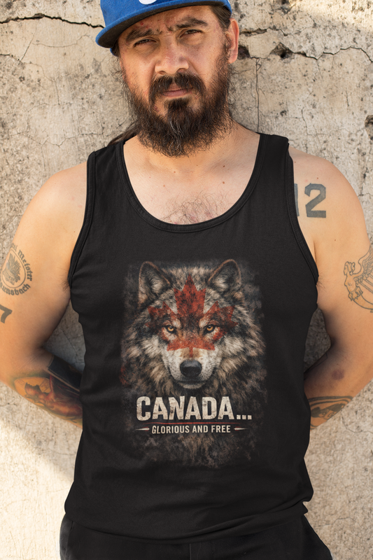 Man wearing a black tank top with a wolf graphic and 'Canada' text against a textured wall.