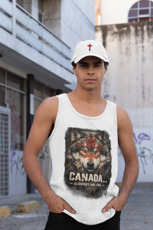 Person wearing a tank top with a wolf graphic and 'Canada' text in an urban setting