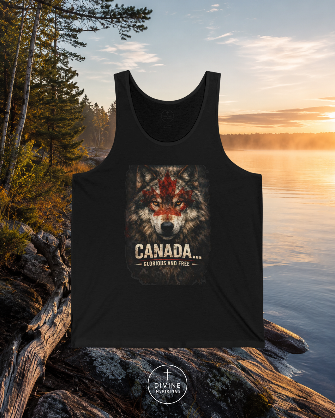 Black tank top with wolf design and 'Canada... Glorious and Free' text on a rock by a lake at sunset.