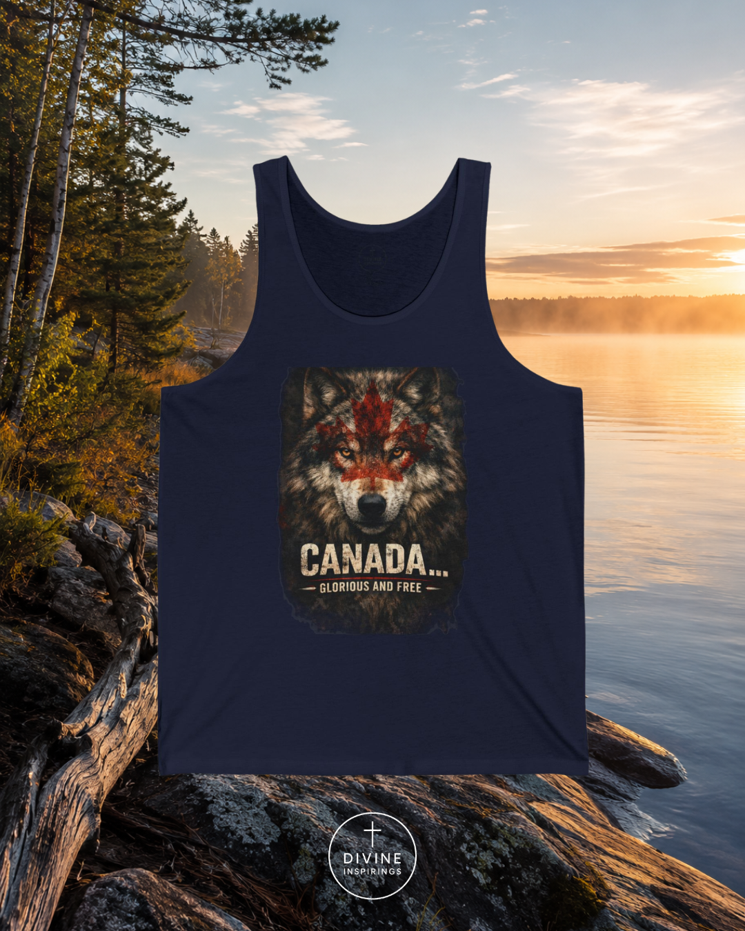 Navy tank top with wolf graphic and 'Canada... Glorious and Free' text against a scenic lake and forest background.