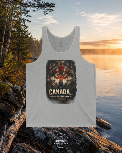 Gray tank top with a wolf graphic and 'Canada' text against a scenic background