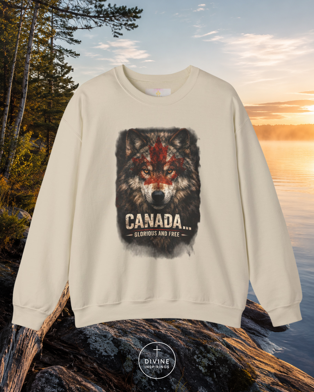 Beige sweatshirt with a wolf graphic and 'Canada' text against a scenic background