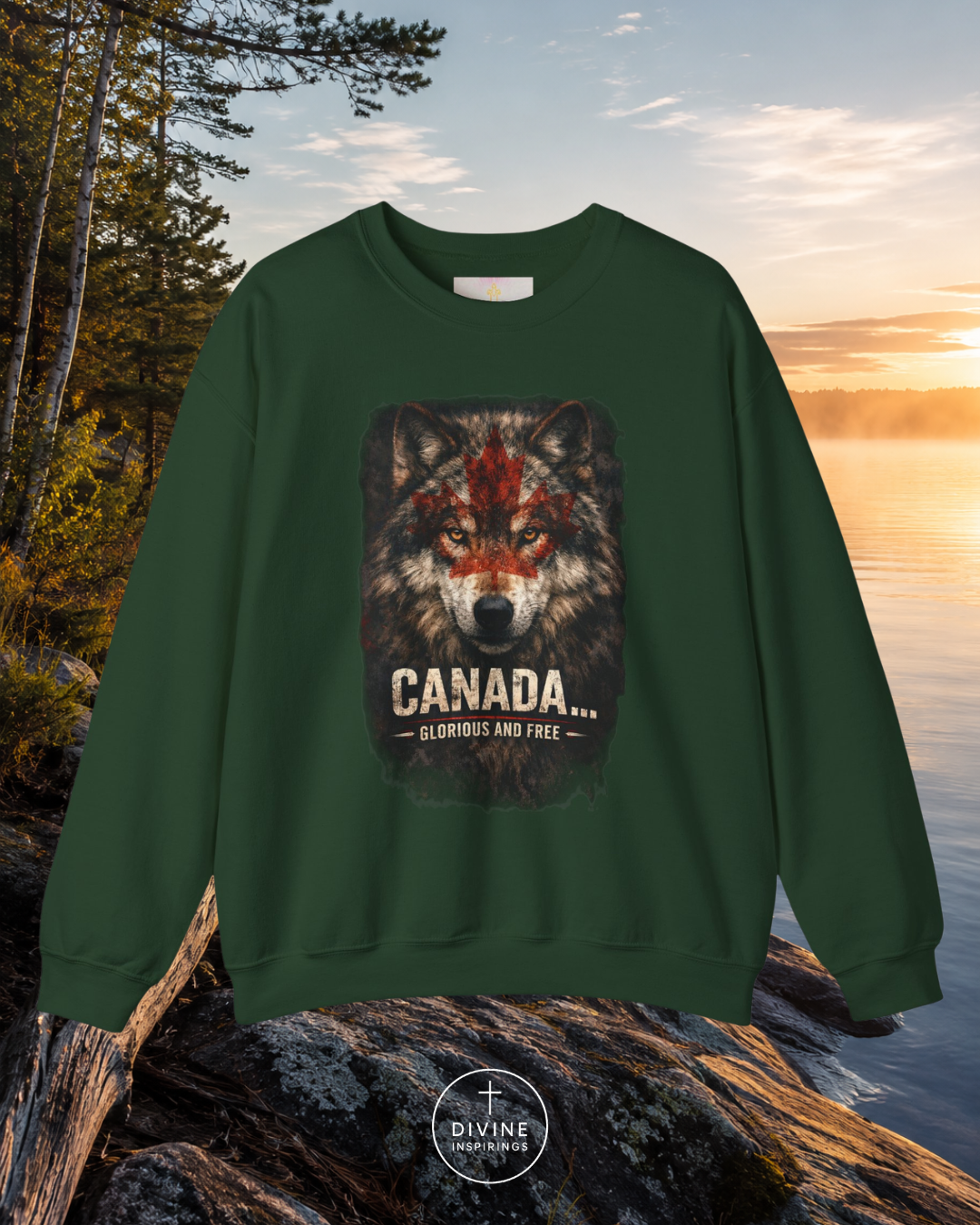 Green sweatshirt with wolf graphic and 'Canada' text on a scenic background