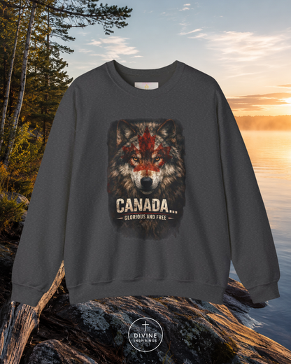 Dark gray sweatshirt with wolf graphic and 'Canada' text on a scenic background