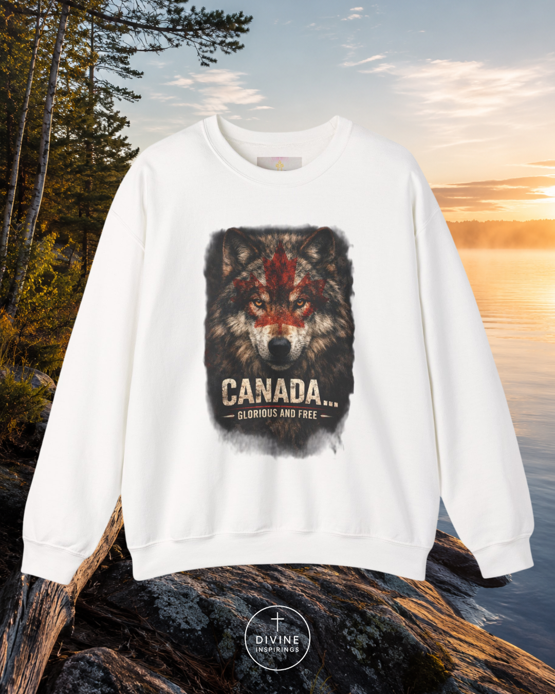 White sweatshirt with a wolf graphic and 'Canada' text on a scenic background