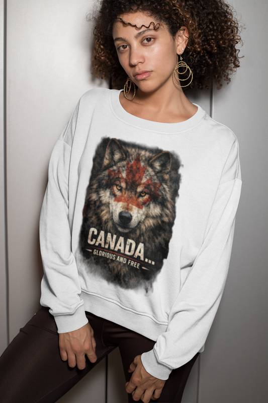 Person wearing a white sweatshirt with a wolf graphic and 'Canada' text.