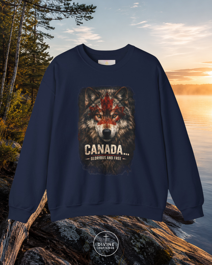 Green sweatshirt with wolf graphic and 'Canada' text on a scenic background
