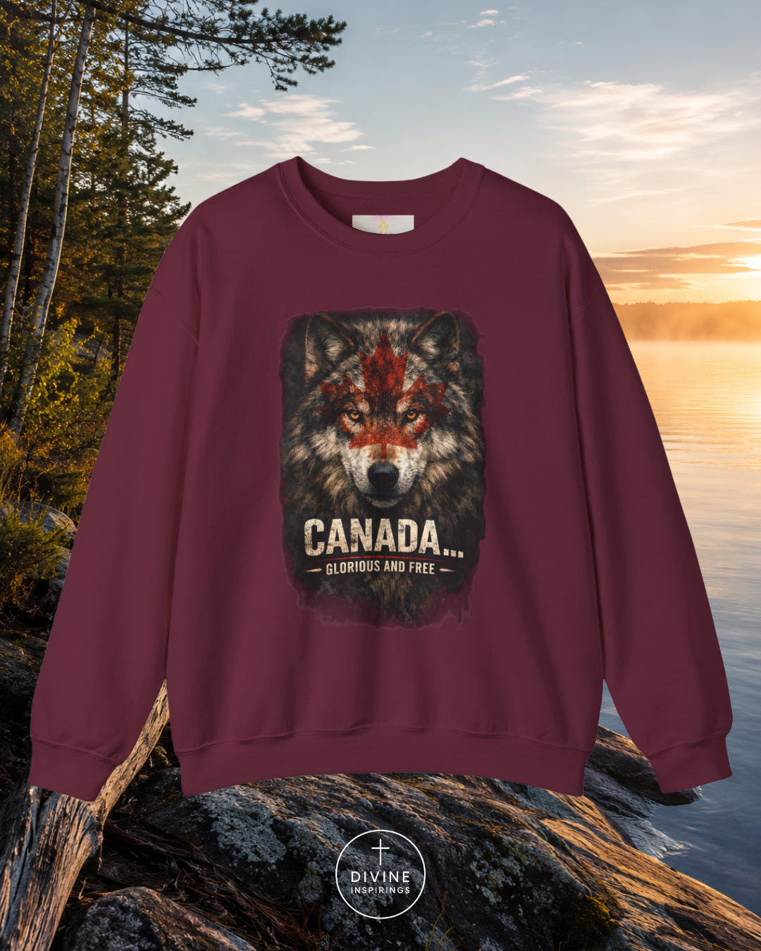Maroon sweatshirt with wolf graphic and 'Canada' text against a scenic background