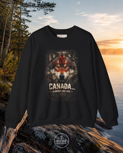 Black sweatshirt with wolf design and 'Canada' text on a rock by a lake at sunset.