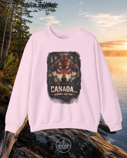 Pink sweatshirt with a wolf graphic and 'Canada' text on a scenic background
