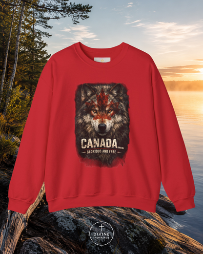 Red sweatshirt with a wolf graphic and 'Canada' text against a scenic background