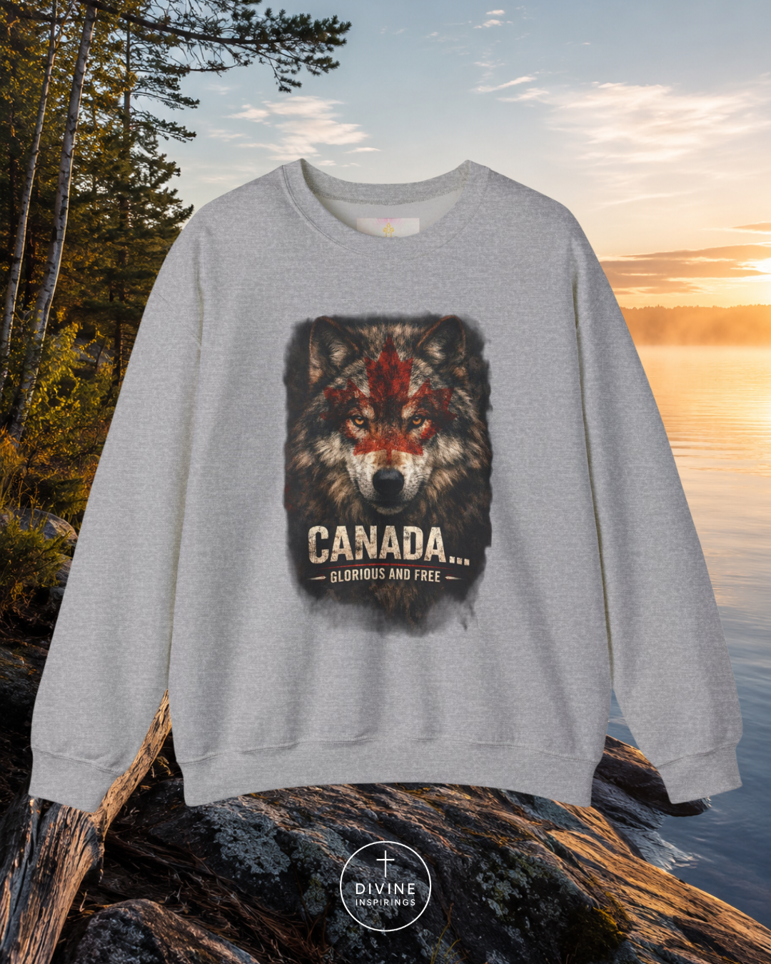 Gray sweatshirt with a wolf graphic and 'Canada' text against a scenic background