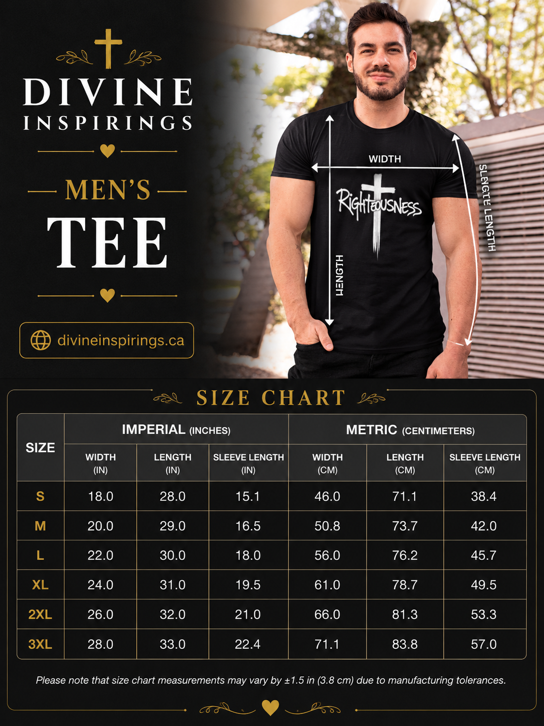 Man wearing a black t-shirt with a cross design, size chart for t-shirts, and brand name 'Divine Inspirings' displayed.