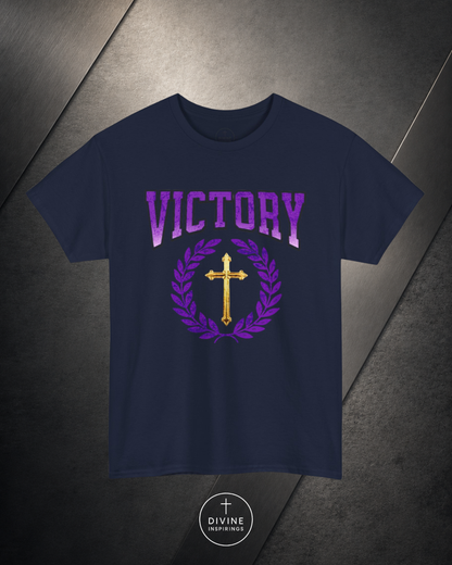 Navy blue t-shirt with 'VICTORY' and cross design on a dark background