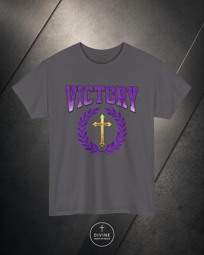 Gray t-shirt with 'Victory' and cross design on a dark background