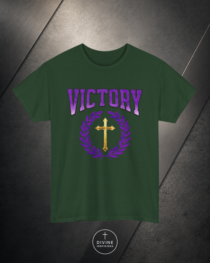 Green t-shirt with 'VICTORY' and cross design on a dark background