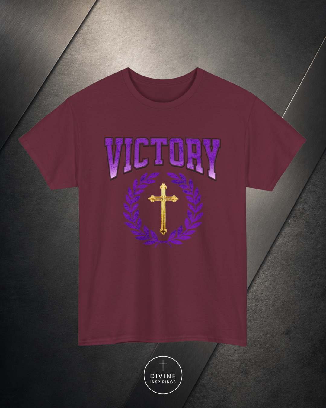 Maroon t-shirt with 'VICTORY' and cross design on a dark background